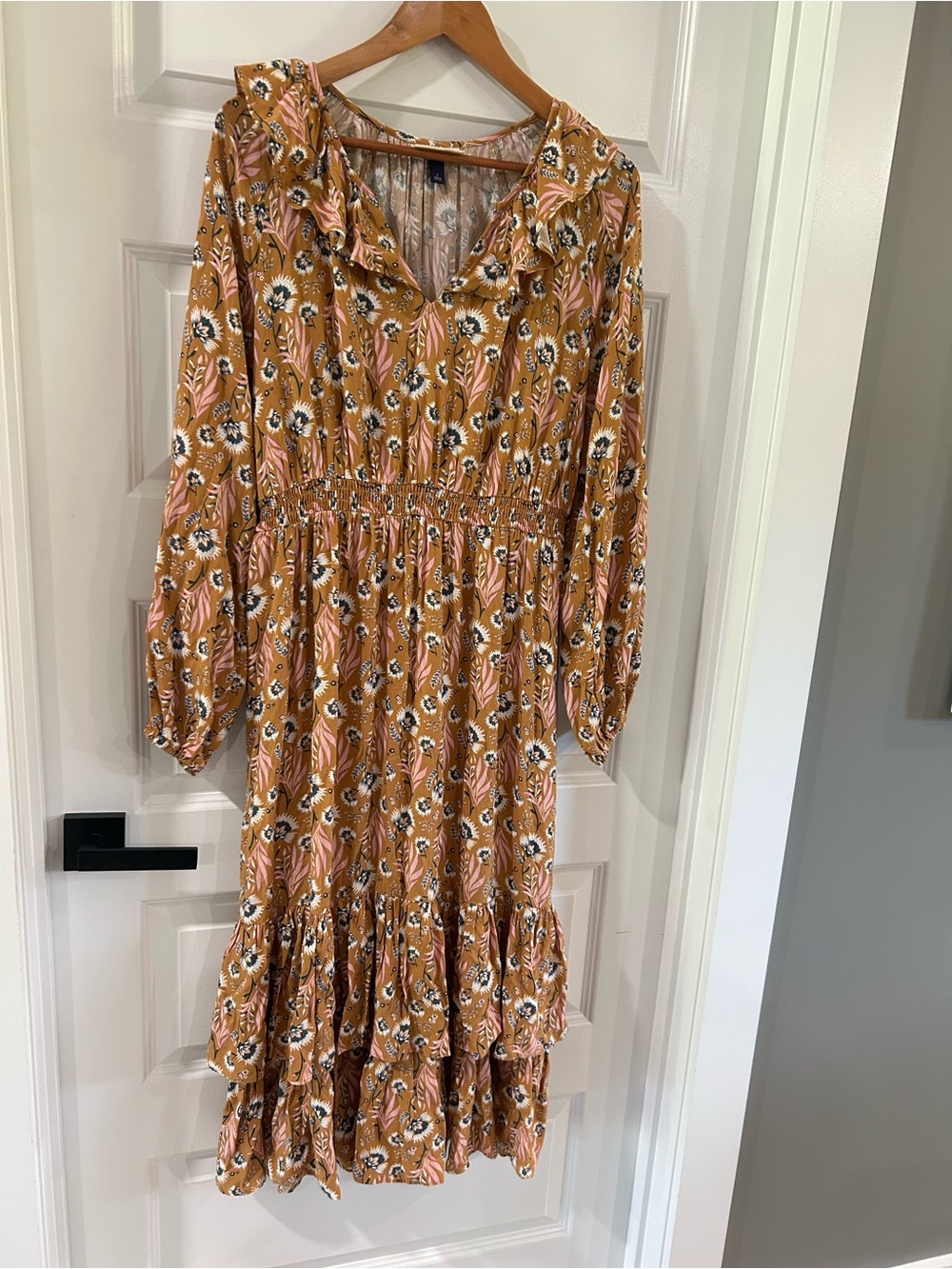 Universal Thread Mustard Floral Tiered Midi Dress with Pink Accents